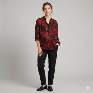 Dora by Dora Landa Abstract Print Blouse - Red & Black - S - Roll-Tab Sleeves